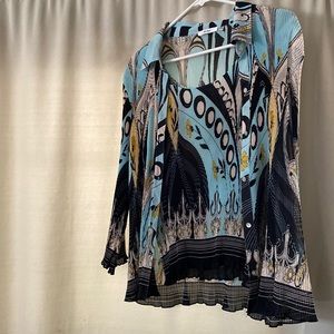 Blue, tan, black women’s button up top with matching tank.